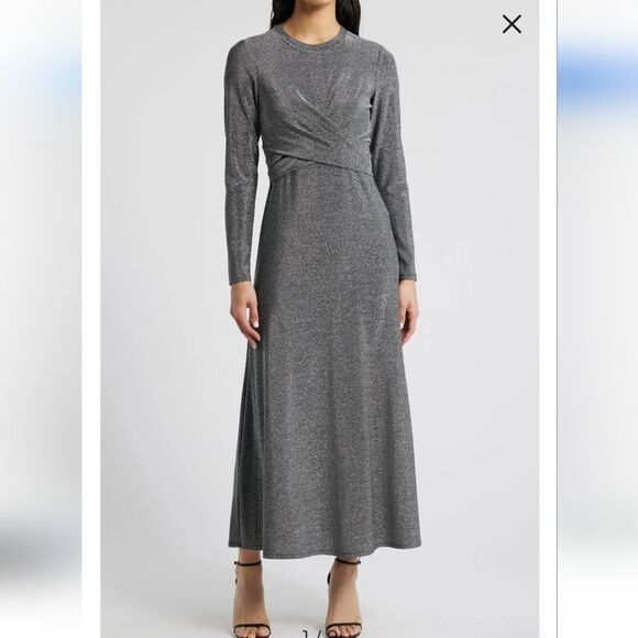 Draped Metallic Long Sleeve Maxi Dress - Picture 1 of 8